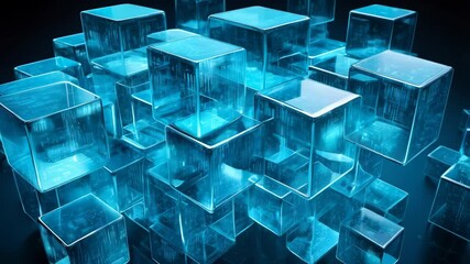 Wall Mural - a series of floating, three-dimensional transparent glass cubes arranged in a dynamic layout, each c