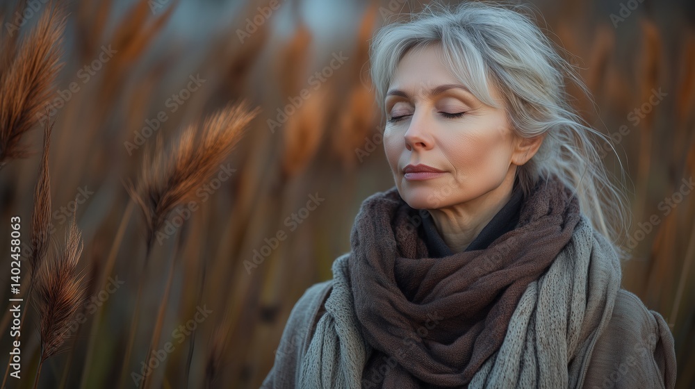 Older woman meditating in field with eyes closed の Stock フォト | Adobe Stock