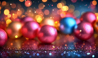 Wall Mural - Colorful Decorative Ornaments with Bokeh Lights Creating a Festive Atmosphere Perfect for Celebrations and Holiday Decor
