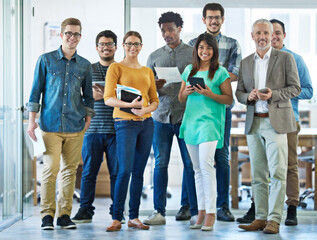 Poster - Business, people and smile in office with documents for teamwork, collaboration and plan as graphic designer. Employee, portrait and happy for creativity, planning and brainstorming for project