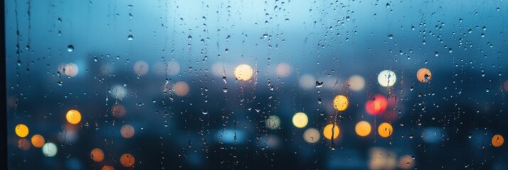 Leinwandbilder - Raindrops on a foggy window create a nostalgic atmosphere with blurred city lights at night