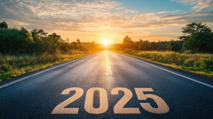Aufkleber - Asphalt road leading to the future with wooden numbers 2025 at sunset, symbolizing hope and new beginnings