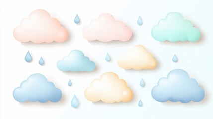 Fototapete - Pastel clouds with soft raindrops floating on a neutral background create a serene and calming atmosphere in this whimsical design
