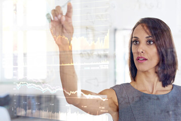 Aufkleber - Virtual, glass board and business woman in office with stock exchange data, graphs and statistics. Trading, finance and female financial analyst working on digital touchscreen wall in workplace.