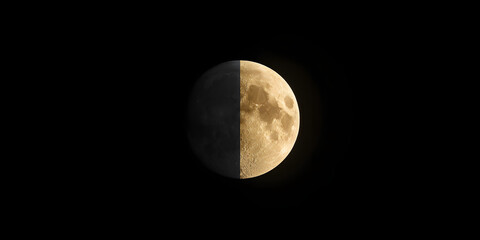 Wall Mural - celestial collision: a golden moon's dramatic encounter with a dark moon in a cosmic dance of light 