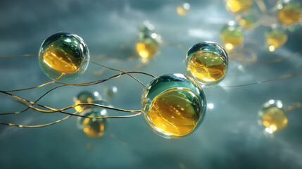Wall Mural - an artistic rendering of abstract molecules interconnected with translucent filaments, golden yellow