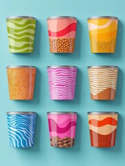 Poster - Sleek packaging design mockups showcase colorful dry and wet pet food arranged in attractive rows for modern product presentation
