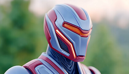 Futuristic robot helmet close-up, light blue and red, outdoors