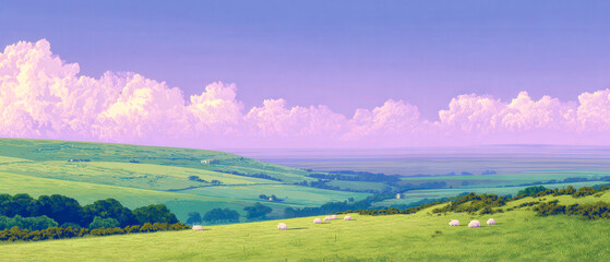 Wall Mural - A pastoral scene with a group of sheep grazing in a lush green field
