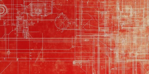White engineering blueprints and diagrams are overlaid on a red background