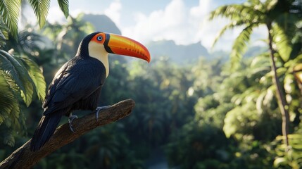 A colorful toucan sitting on a tropical tree branch with blurred jungle in the background