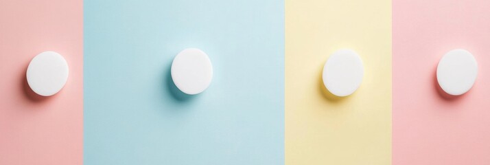 Fototapete - Simple white sticker shapes arranged on soft pastel backgrounds create a minimal design with clean lines, adding a calming aesthetic