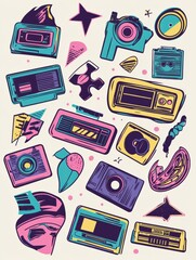 Poster - Retro 90s sticker collection featuring funky shapes, pastel gradients, and VHS tape textures in a vibrant design