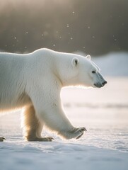 Aufkleber - Polar bear walks gracefully in the soft light of a winter landscape showcasing its smooth fur and majestic presence