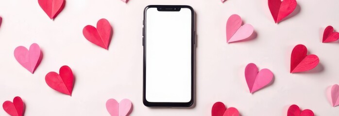 Mothers Day or Valentine's day smartphone mockup with red and pink hearts for romantic design. Horizontal banner. Copy space. Holiday template
