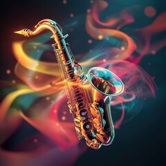 Aufkleber - A vibrant gold alto saxophone floats amidst swirling colorful smoke and lights creating a dynamic musical artwork.