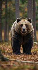 grizzly bear standing tall in a green forest, looking directly at the camera, front view. imposing w