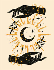 Wall Mural - boho crescent and woman hand. alchemy esoteric magic space. elegant illustration.