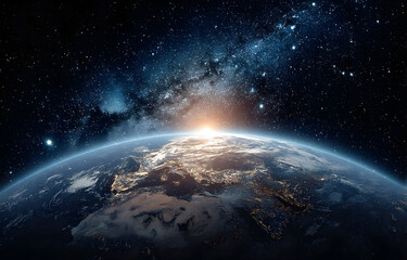 Wall Mural - panoramic view of the earth, sun, star and galaxy. sunrise over planet earth, view from space.