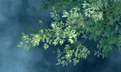 Wall Mural - tree with leaves nighttime seamless watercolor, generative ai