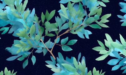 Wall Mural - tree with leaves nighttime seamless watercolor, generative ai