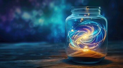 Wall Mural - Captivating cosmic swirl glass jar digital artwork mystical setting close-up imagination unleashed