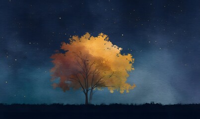 Wall Mural - tree with leaves nighttime seamless watercolor, generative ai