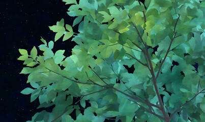 Wall Mural - tree with leaves nighttime seamless watercolor, generative ai