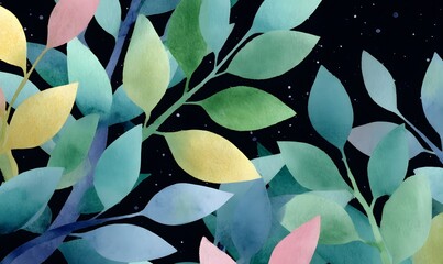 Wall Mural - tree with leaves nighttime seamless watercolor, generative ai