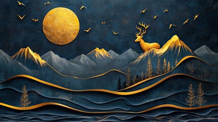 3d modern mural wallpaper with dark blue and golden wave background, mountains, golden deer, birds, 