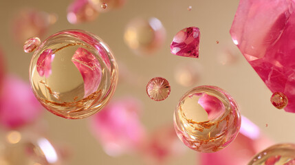 Wall Mural - artistic composition of floating rose-pink quartz gems, varying cut styles, captured mid-spin with i