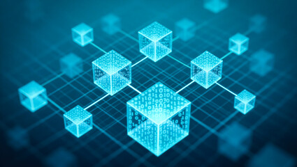 Wall Mural - a series of floating, three-dimensional transparent glass cubes arranged in a dynamic layout, each c