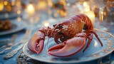 A flawlessly cooked lobster sits atop an ornate plate, surrounded by fine tableware in a sophisticated setting
