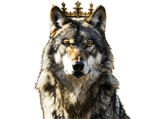  noble-looking wolf with gold crown and proud posture, royal animal illustration, fierce but elegant, isolated on white background