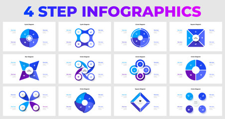 Aufkleber - Set of twelve infographic templates featuring four step diagrams in various geometric shapes, ideal for presentations and visual communication in business, marketing, and educational settings