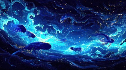 Wall Mural - The ethereal whales navigate through a luminous and cosmic ocean scene
