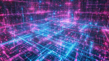 A futuristic digital network with neon lines glowing brightly everywhere