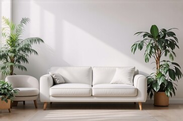 Poster - Sunlight streams into a minimalist living room, illuminating a white sofa, armchair, and potted plants.  Clean lines and a calming atmosphere.