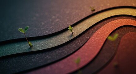 Fototapete - A series of small plants are growing on a black and red surface