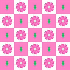 Wall Mural - Floral seamless pattern.Colorful cute pink flowers and leaves in squares repeat pattern.Vector graphic illustration background wallpaper for spring and summer.