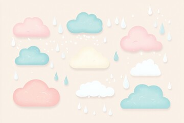 Leinwandbilder - Pastel clouds accompanied by soft raindrops create a serene atmosphere on a neutral background, perfect for a calming aesthetic