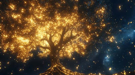 a celestial tree shimmering under the vast night sky golden leaves reflecting cosmic energy softly g