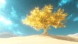 © Photo - A mystical golden-leaved tree with radiant roots stretching into the sand standing tall beneath an infinite sky