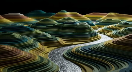 Aufkleber - A model of a mountain range with a river running through it