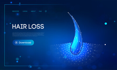 Hair loss treatment concept with single glowing hair follicle structure in digital wireframe design on blue background, modern care solution, scalp health and follicle regeneration