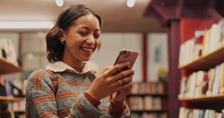 Poster - College, happy and girl with phone in library for social media, post or funny online notification. Student, laughing and person with technology at academy for campus gossip, digital post or education