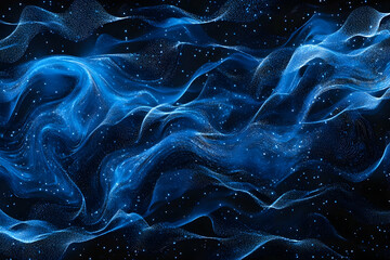 Wall Mural - abstract blue glowing waves on a black background with dots and lines