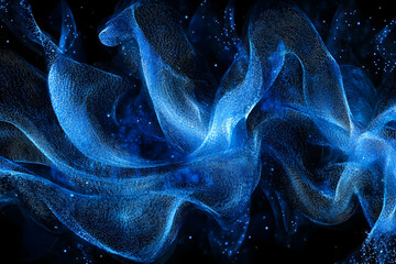 Wall Mural - abstract blue glowing waves on a black background with dots and lines