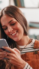 Aufkleber - Online dating, phone or woman in home laughing on social media, texting application or chat subscription. Sign up, funny meme or girl with mobile message or smile for joke, flirting or romantic match