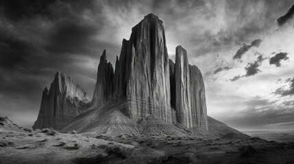 Wall Mural - Dramatic monochrome landscape featuring tall rock formations under a cloudy sky